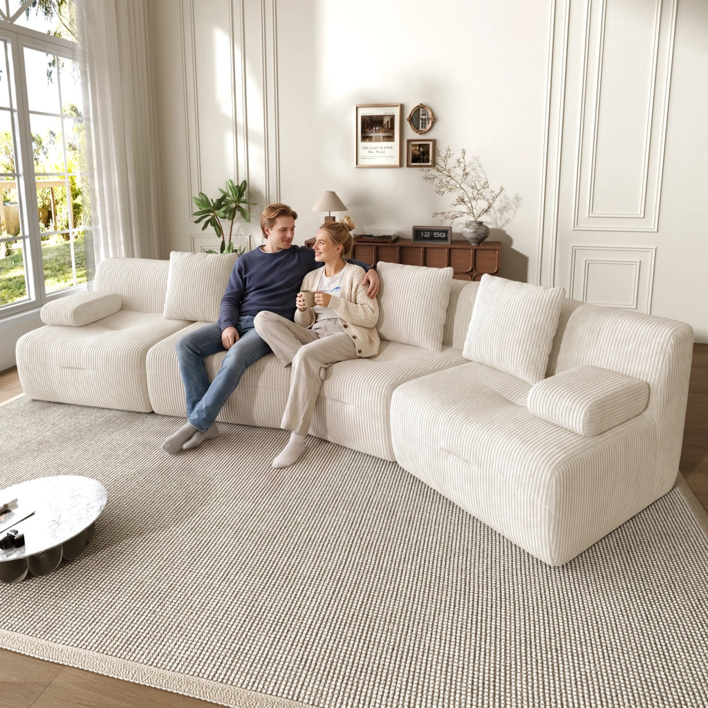 DIVANO modulare 4 posti in corduroy beige chiaro 311 x 90 x 65 cm