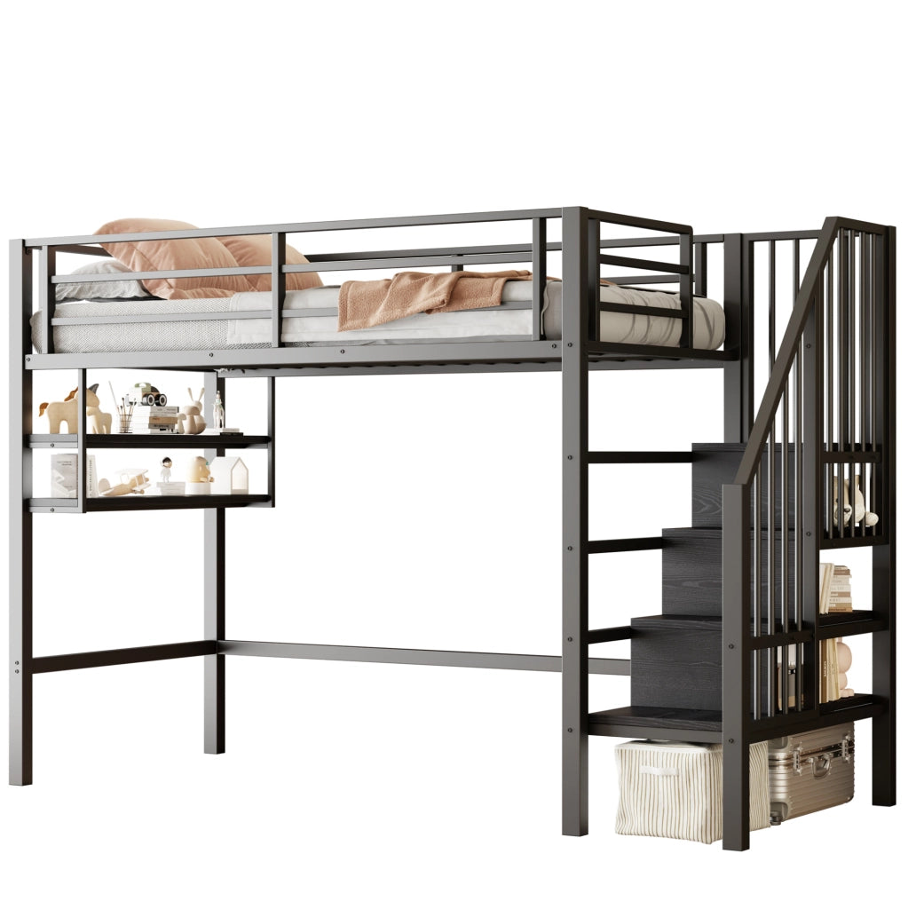 Letto a soppalco per bambini 90x200 cm nero con scaffali