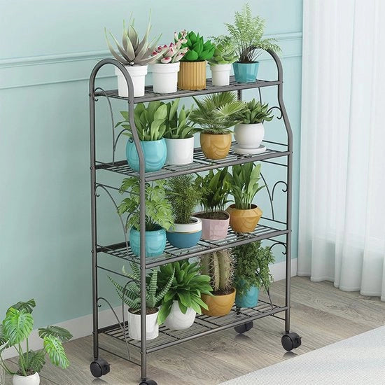 Pianta Mobili con 4 Livelli per Interno ed Esterno - Argento Grigio, Metallo Pesante, Ideale per Giardino, Balcone e Salotto