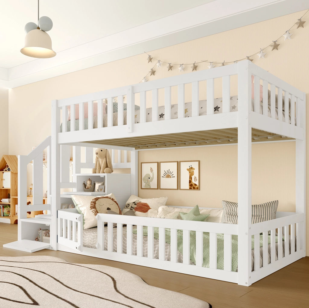 Letto a castello 90x200 cm con scala; sponde e portello in MDF e pino bianco