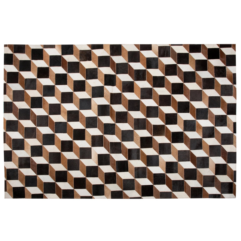 Tappeto Pelle Marrone 140 x 200 cm Moderno Patchwork Pelle Bovina Motivo 3D Tappeto Rettangolare Fatto a Mano