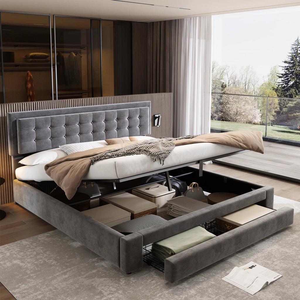 Letto imbottito in velluto grigio 160x200 cm con contenitore, testiera regolabile e struttura stabile