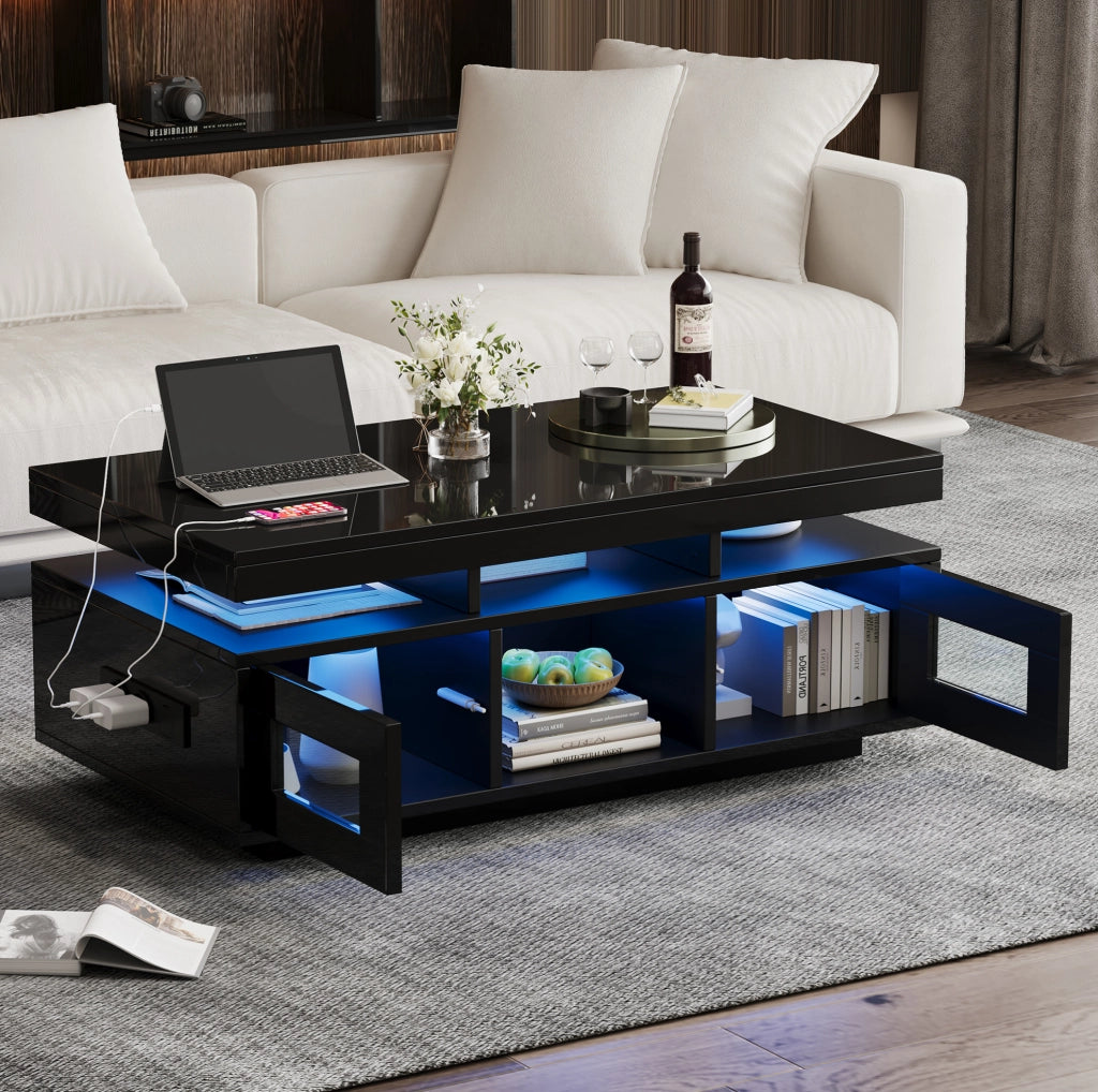 Tavolino da salotto nero lucido con LED e ricarica USB