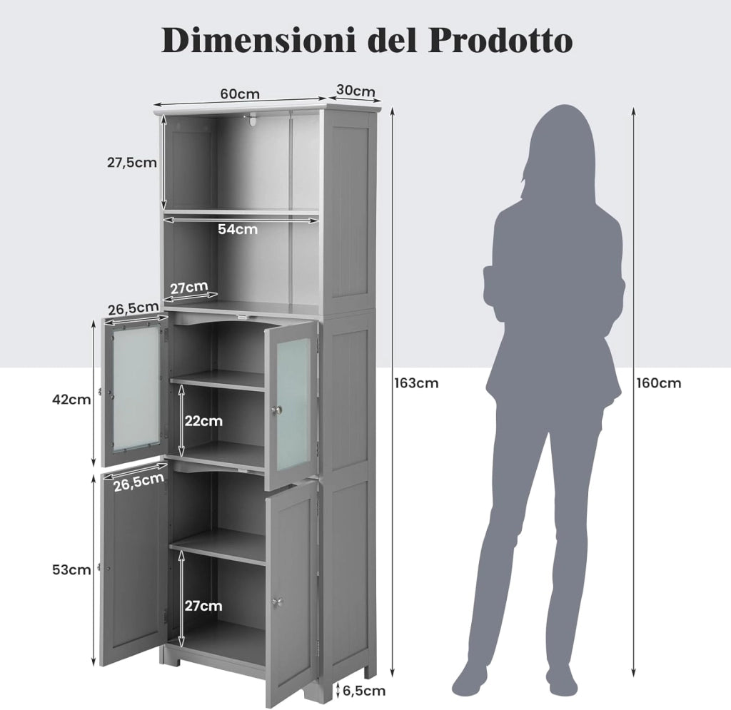 Armadio da Bagno, Mobiletto Alto da Terra con 2 Armadietti e Ripiani Regolabili, con Ante in Vetro, Mobile Portaoggetti Multiusi per Bagno Soggiorno, 60x30x163 cm (Grigio)