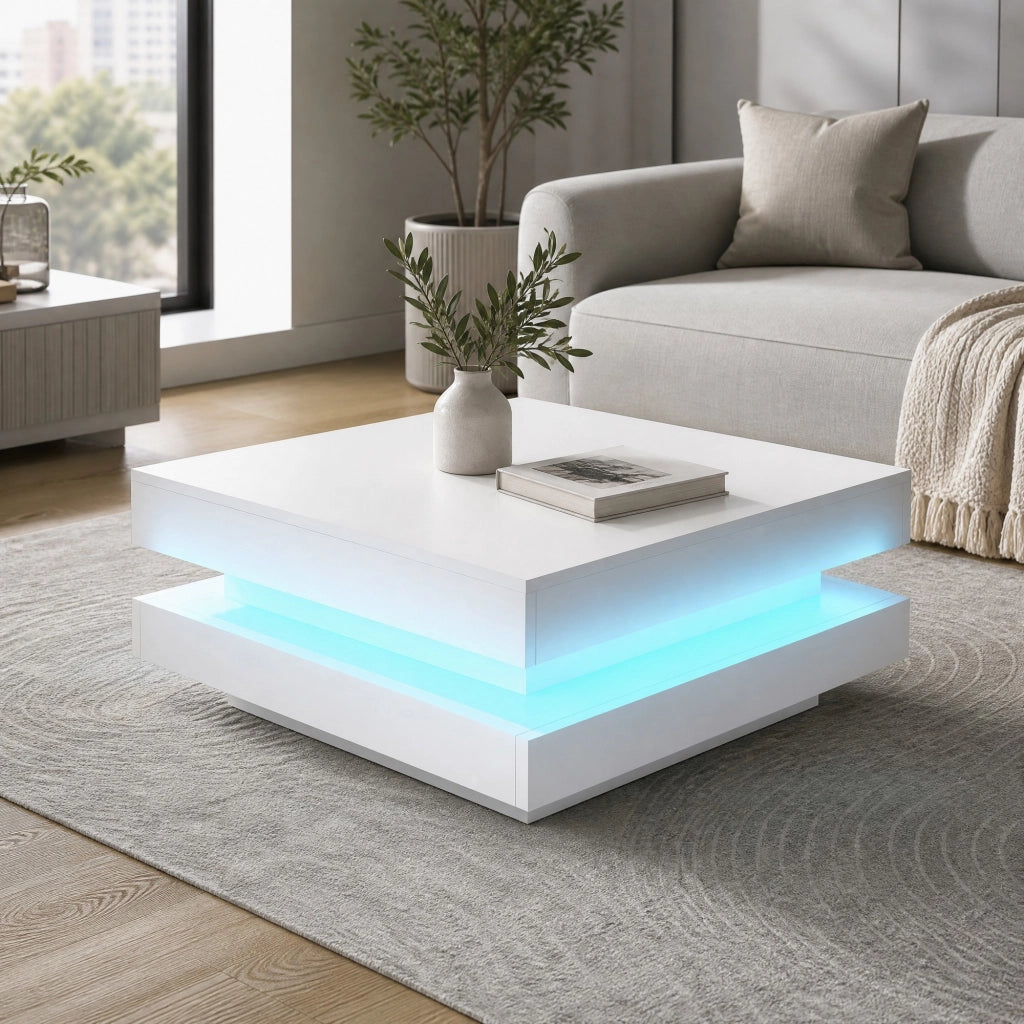 TAVOLO DA SALOTTO Quadrato 70x70x36 cm Bianco con LED Bluetooth APP