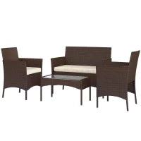 Set da Giardino 4 Pezzi con Divano 2 Posti, 2 Sedie e Tavolino Basso, in Rattan e Acciaio, Beige e Marrone