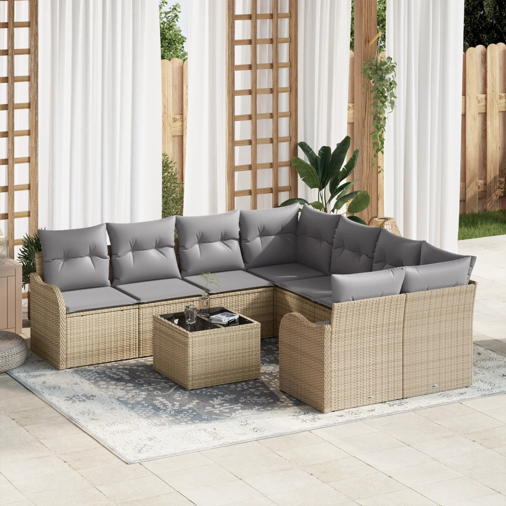 Set divano da giardino 9 pezzi con cuscini beige in polyrattan