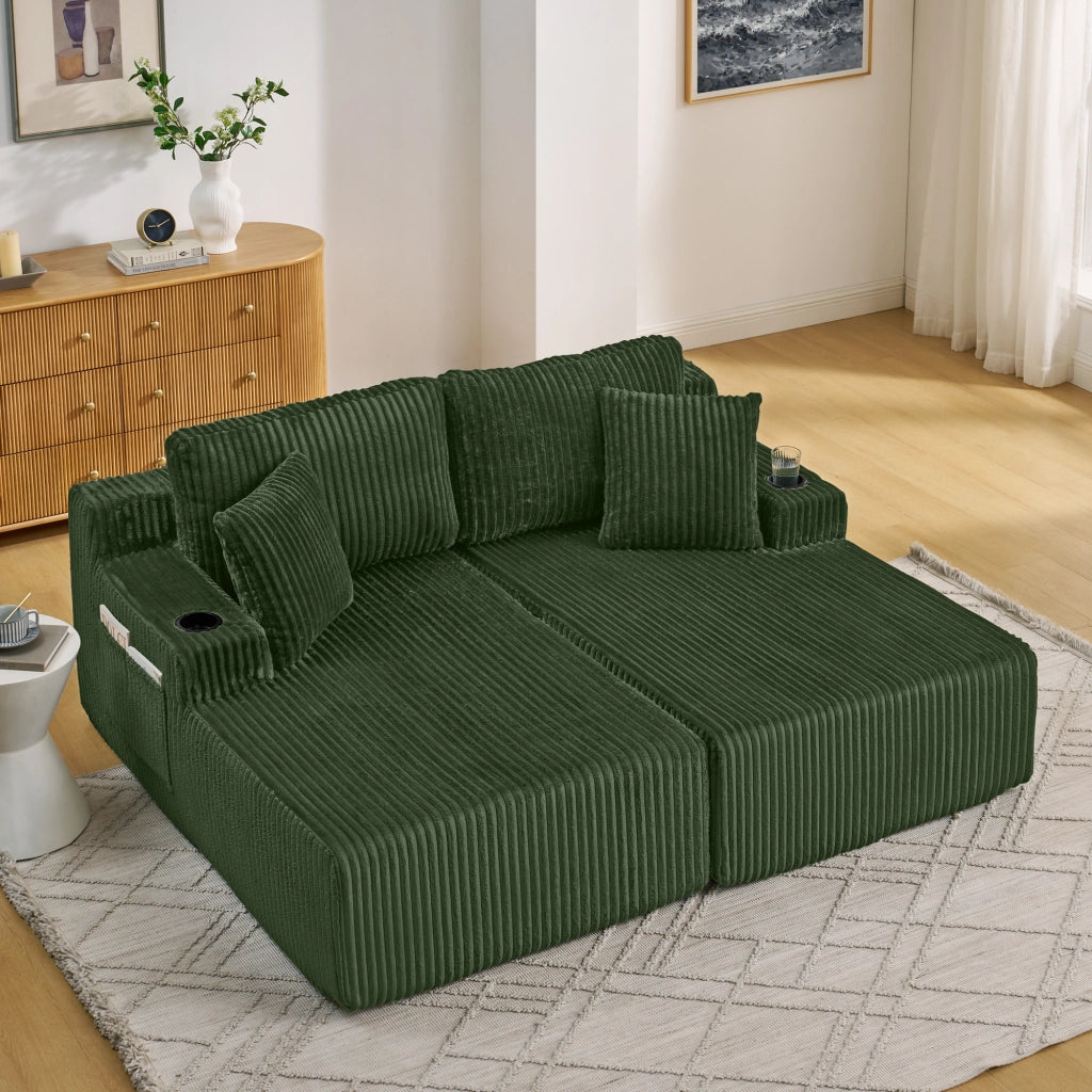 Divano letto a 2 posti modulare in tessuto a coste con tasca laterale, portabicchieri e cuscini, verde