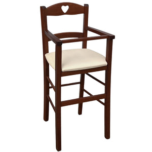 Seggiolone in legno color noce scuro con seduta imbottita in ecopelle beige