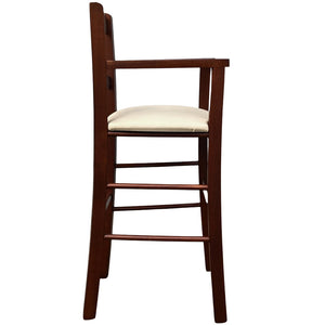 Seggiolone in legno color noce scuro con seduta imbottita in ecopelle beige