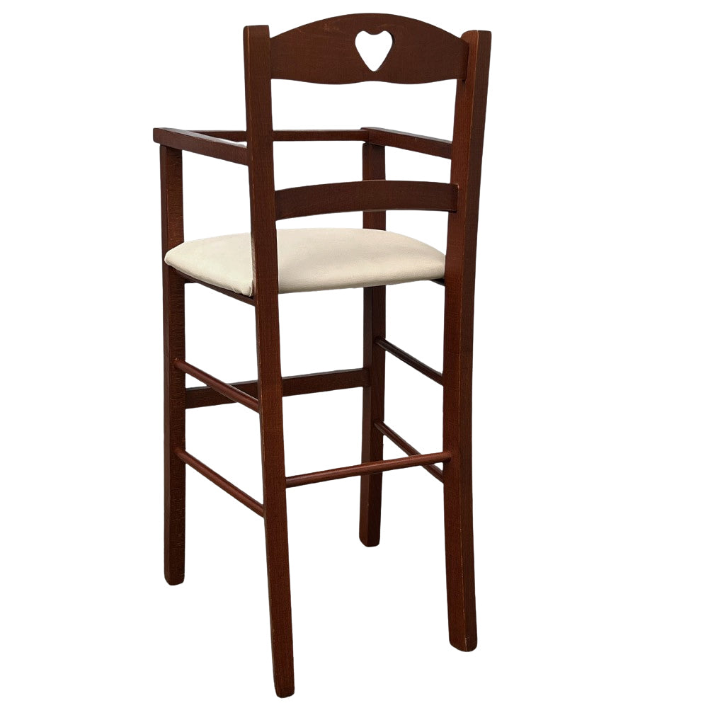 Seggiolone in legno color noce scuro con seduta imbottita in ecopelle beige