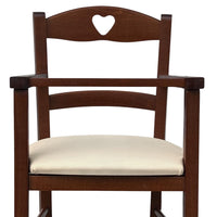 Seggiolone in legno color noce scuro con seduta imbottita in ecopelle beige