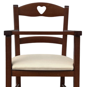 Seggiolone in legno color noce scuro con seduta imbottita in ecopelle beige