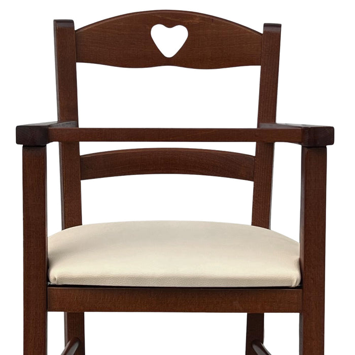 Seggiolone in legno color noce scuro con seduta imbottita in ecopelle beige