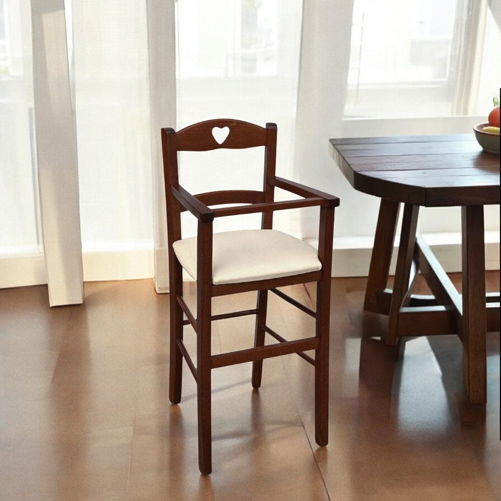 Seggiolone in legno color noce scuro con seduta imbottita in ecopelle beige