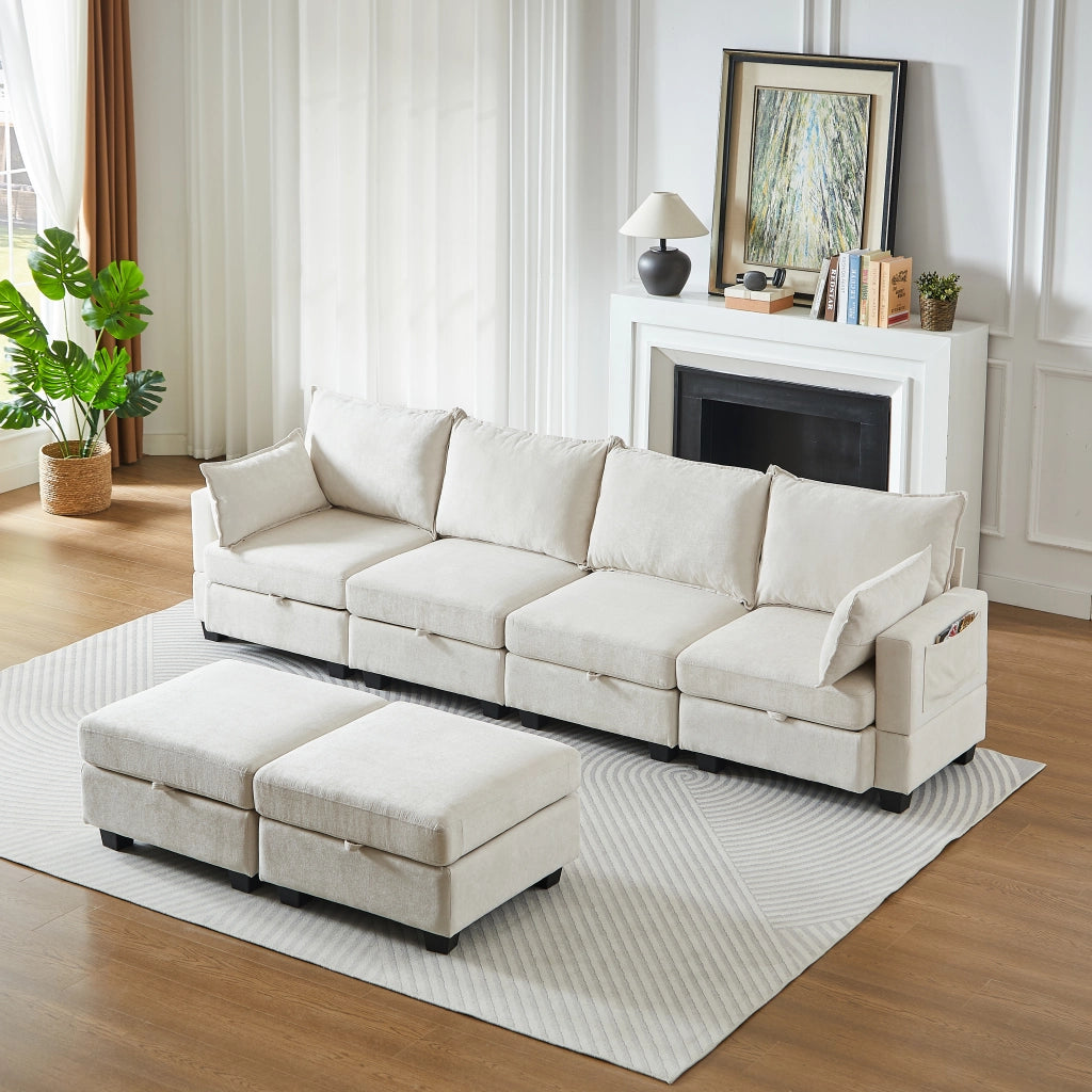 Divano modulare trasformabile in letto con contenitori; 6 moduli in ciniglia beige