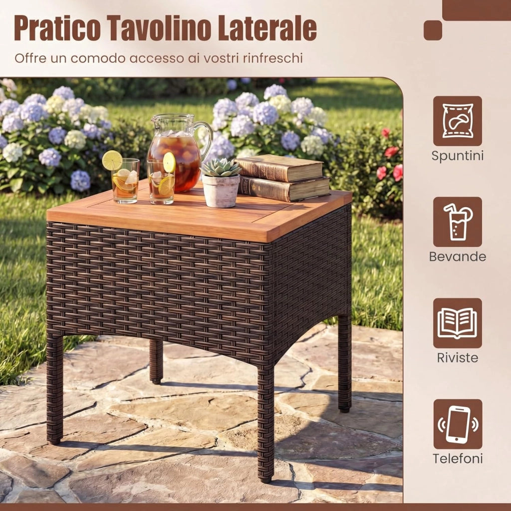 Set Salotto da Giardino per 2 Persone, Poltrone da Giardino in Rattan e Legno con Tavolino Laterale, Salottino da 3 Pezzi con Cuscini per Cortile, Veranda e Balcone (Grigio)