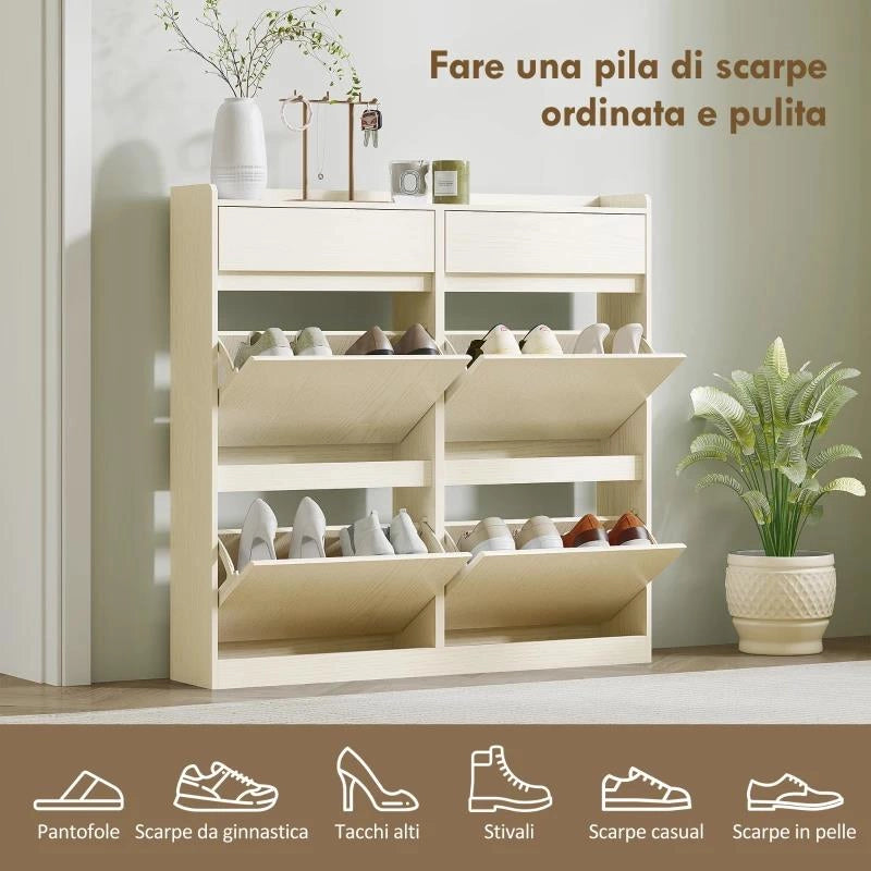 SCARPIERA SLIM IN LEGNO CON 4 CASSETTI A RIBALTA E 2 CASSETTI SCORREVOLI, 98X19.2X95.3 CM, BIANCO
