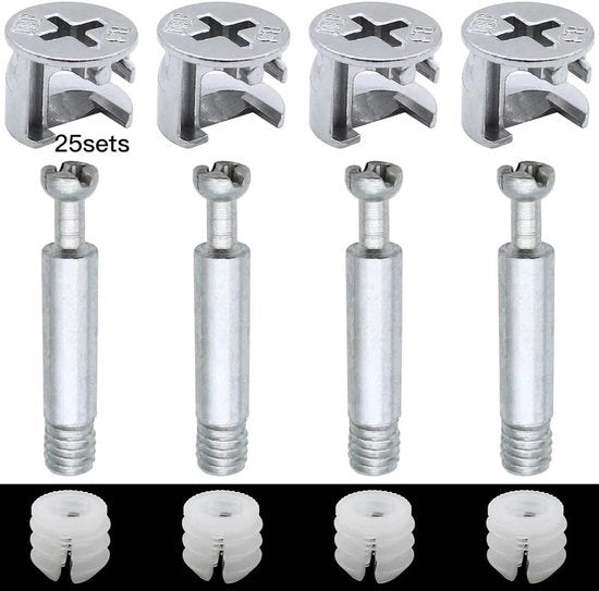 Set di connessioni per mobili, fissaggi eccentrici, connettori per mobili, connettori per cassetti, fissaggi eccentrici 14,5 mm, fissaggi a leva 34,5 mm, viti M6 a guscio e viti in plastica per mobili.