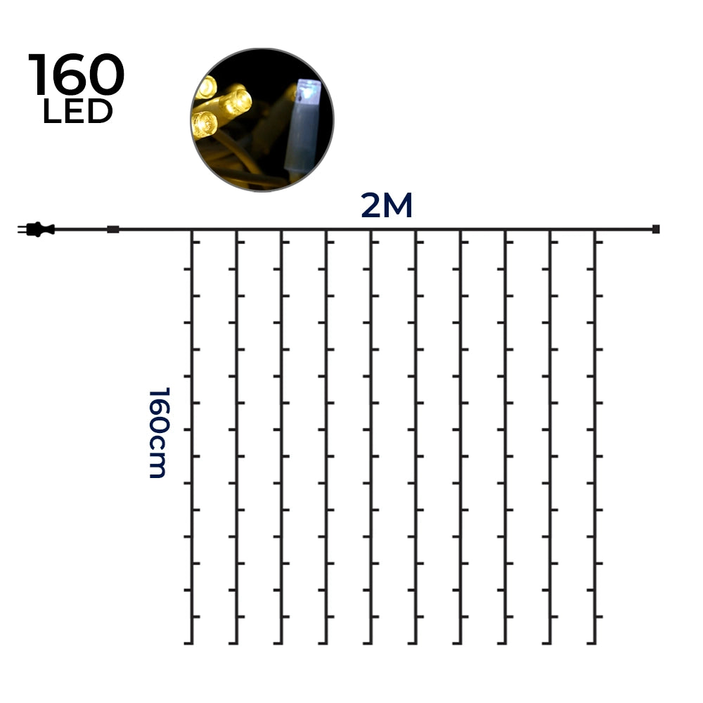 Tenda Luminosa LED 2x1.6 metri 160 Maxi LED Reflex Bianco Caldo e Flash Freddo Esterno Interno Cavo Gommato Bianco IP67 Prolungabile fino 20 mt per Natale, Matrimoni, Feste, Allestimenti Professionali