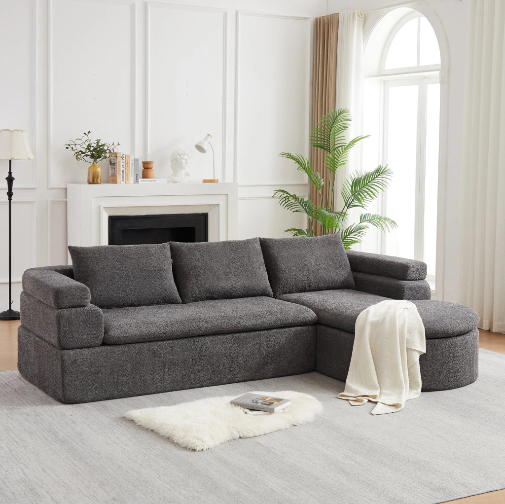 Divano angolare grigio in chenille con chaise longue e 3 cuscini