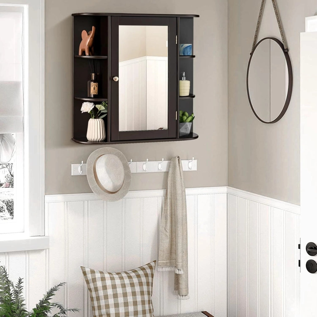 Armadietto Bagno a Parete, Mobiletto Pensile con Ante di Specchio, 6 Scomparti Laterali e 4 Ripiani di Stoccaggio, 3 Colori Disponibili, 65x17x64cm (Marrone)