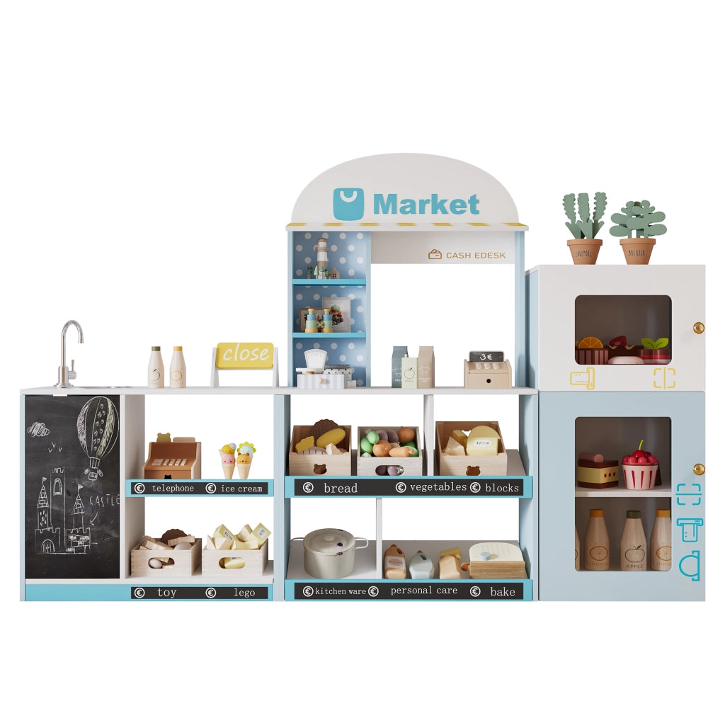 Cucina giocattolo per bambini con scaffali frigorifero lavagna cancellabile banco laterale e rubinetto in MDF blu