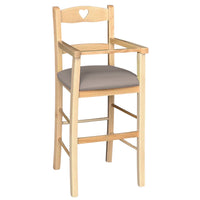 Seggiolone in legno naturale con seduta imbottita in similpelle grigio tortora