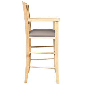 Seggiolone in legno naturale con seduta imbottita in similpelle grigio tortora