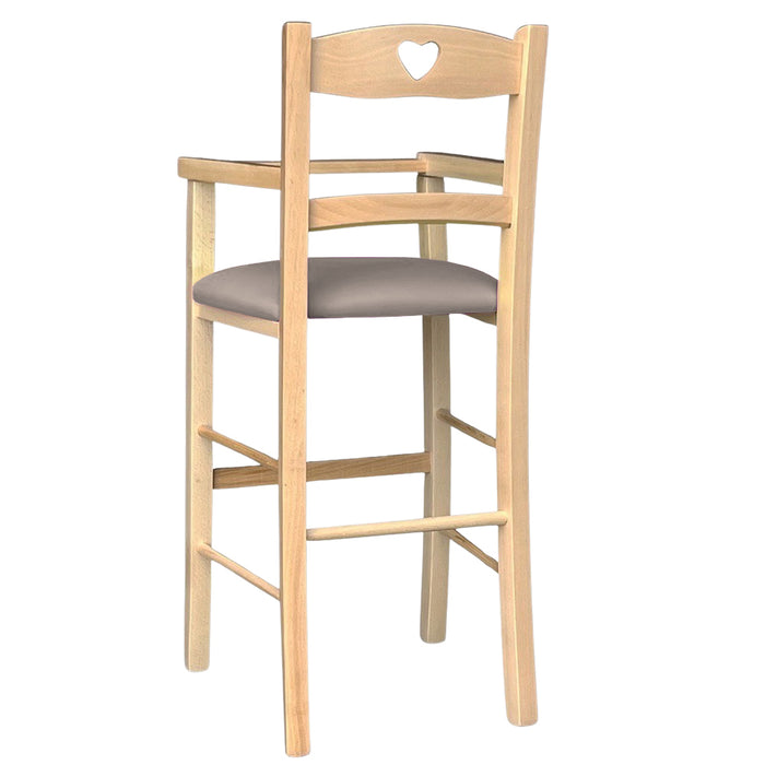 Seggiolone in legno naturale con seduta imbottita in similpelle grigio tortora