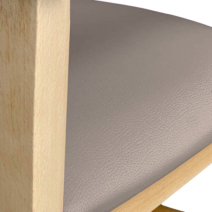 Seggiolone in legno naturale con seduta imbottita in similpelle grigio tortora