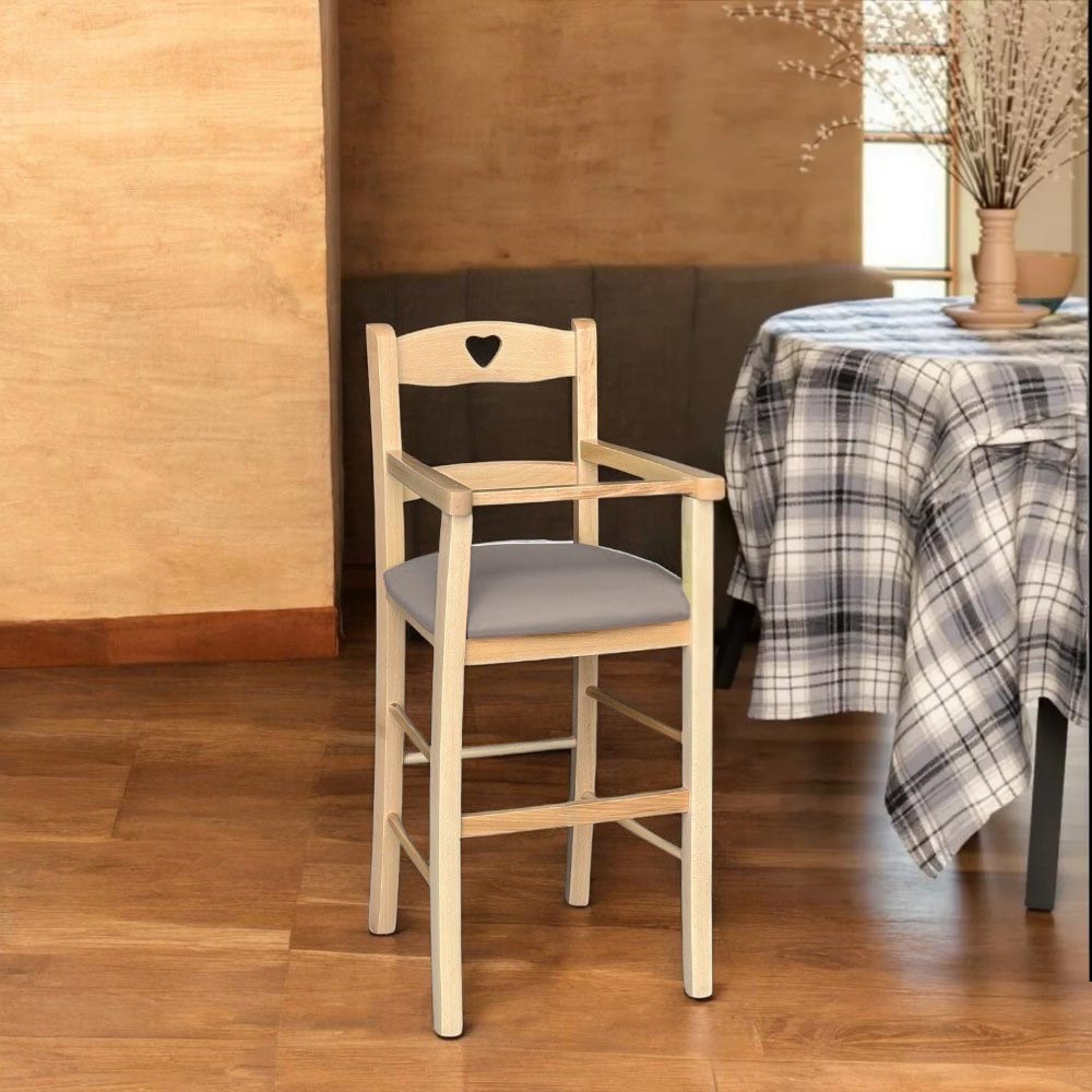 Seggiolone in legno naturale con seduta imbottita in similpelle grigio tortora