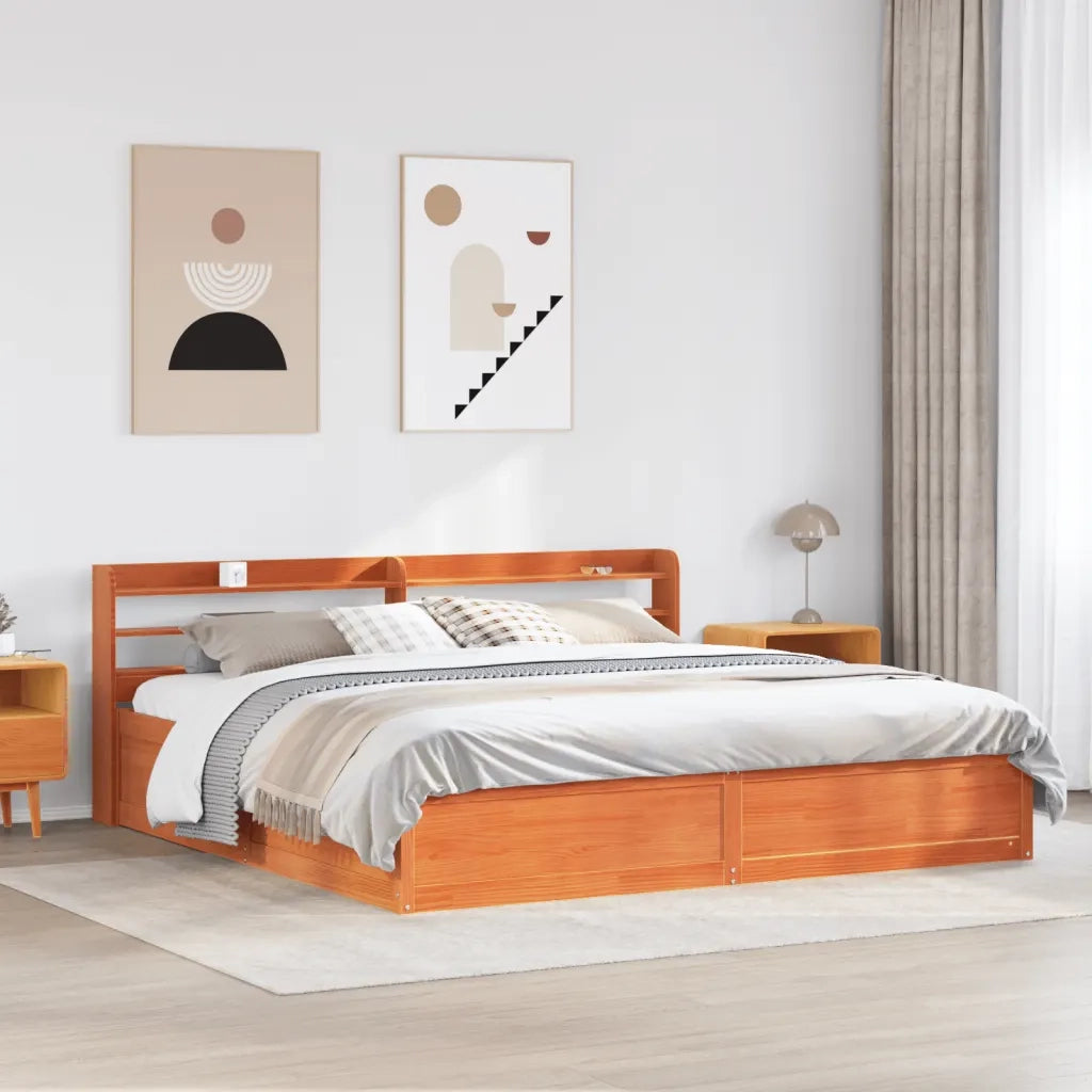 Giroletto con Testiera-Struttura Letto con testiera Marrone Cera 200x200 cm Massello Pino 855333