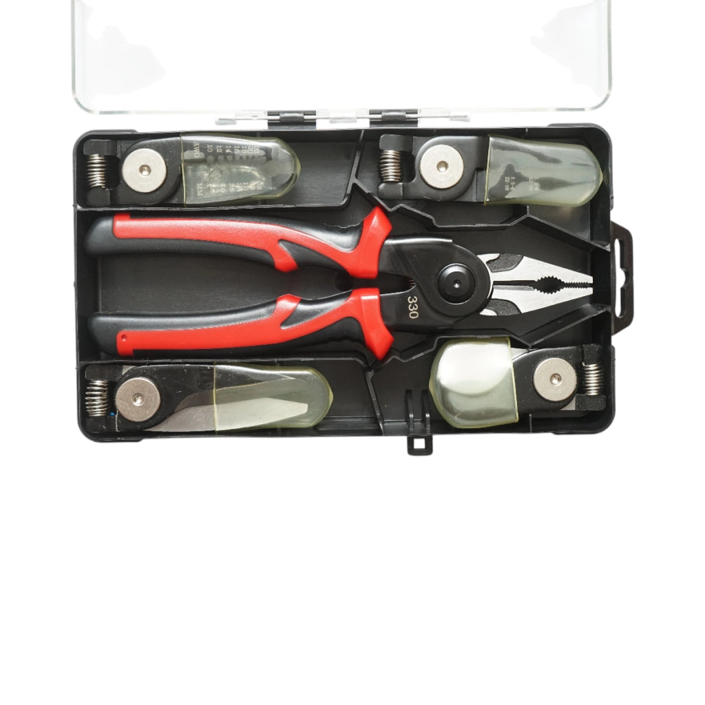 Set multifunzione 5 in 1 con forbici, pinze brevettate, taglierina, crimpatrice e spelafili.
