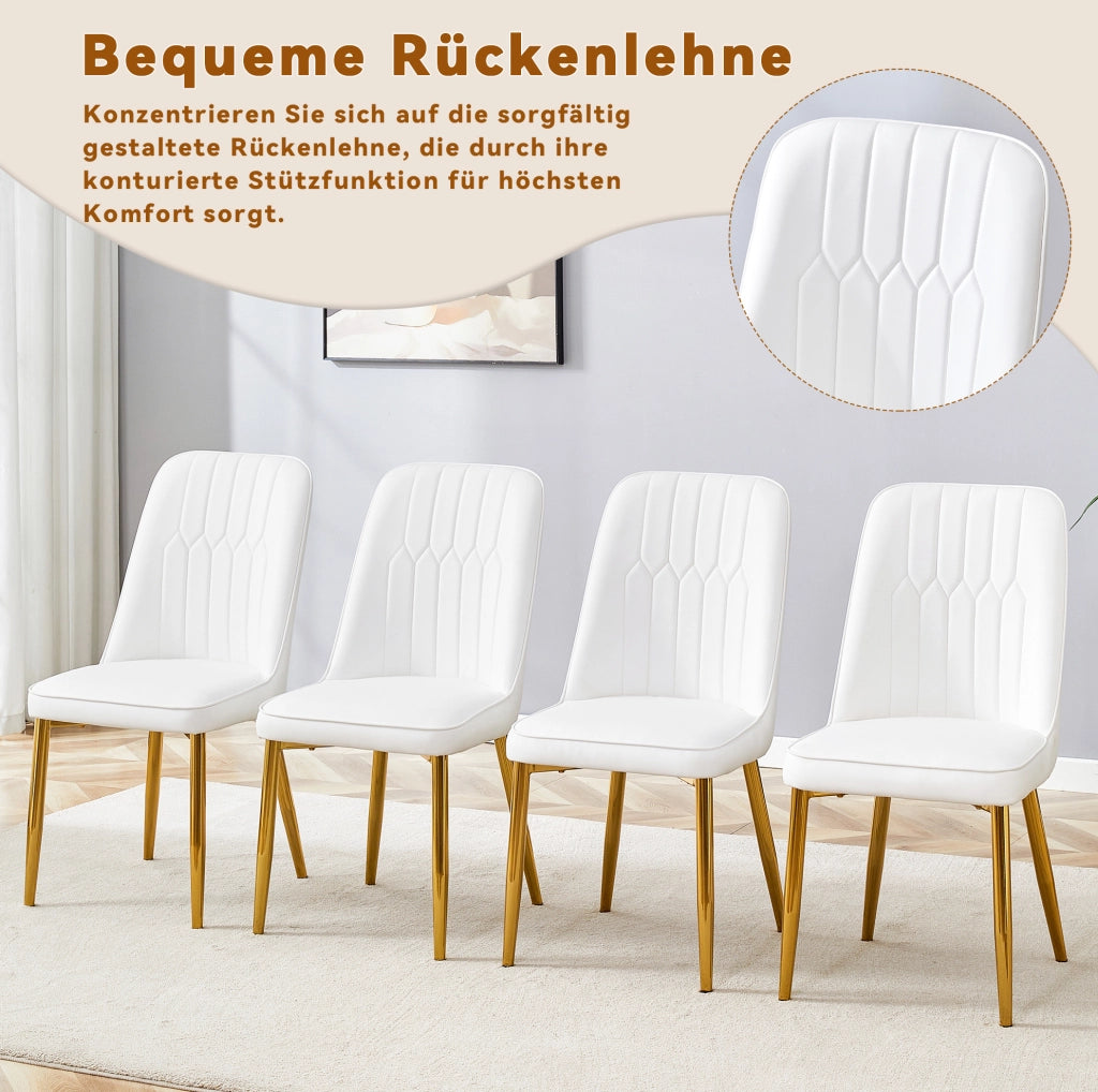Sedia da pranzo in PU con schienale ergonomico; gambe in metallo; bianco e oro