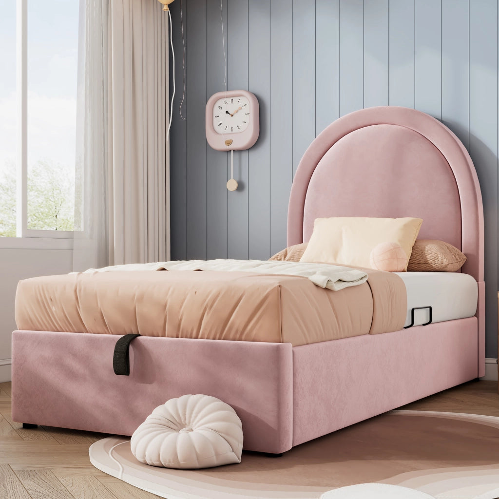 Letto Contenitore Singolo 90 × 190 cm con Vano Contenitore; senza Materasso; Velluto Rosa