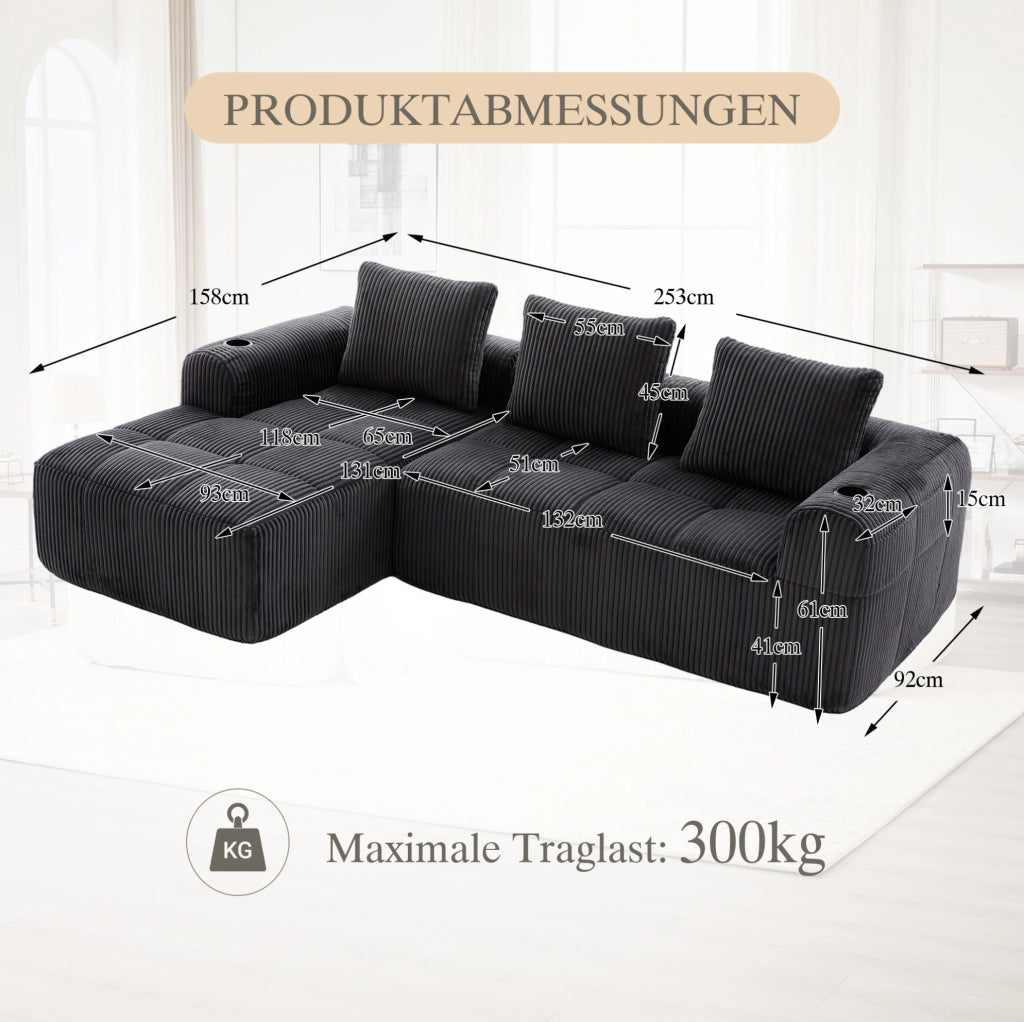 Divano modulare in velluto a coste scuro 253x158x61 cm; con tasche laterali e portabicchieri