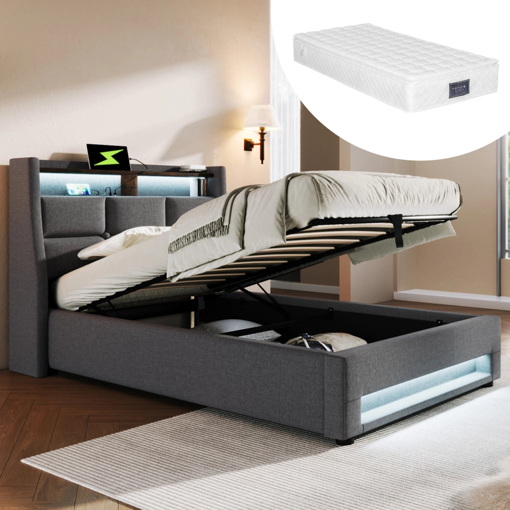 LETTO Imbottito 90x200 cm con USB e LED, tessuto lino grigio