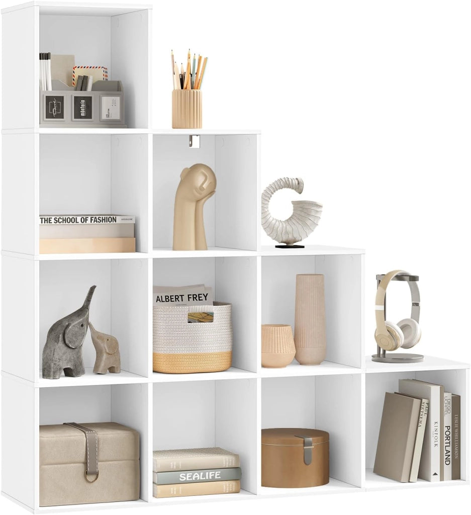 Scaffale per Libri, Scaffale per Scale Con 10 Cubi, Libreria in Legno Ingegnerizzato Bianco, per Camera da Letto, Soggiorno, Studio, Ufficio, 120x30x120cm, SK062ws