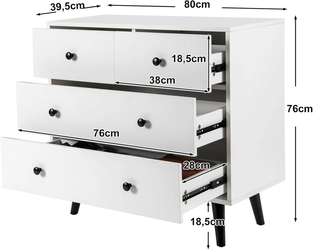 Cassettiera a 4 Cassetti, Cassettiera Moderna in Legno, per Soggiorno, Camera da Letto e Ingresso, 80 x 39,5 x 76 cm