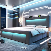 Letto matrimoniale 140x200 cm con contenitore; LED; USB e Type-C; in velluto grigio