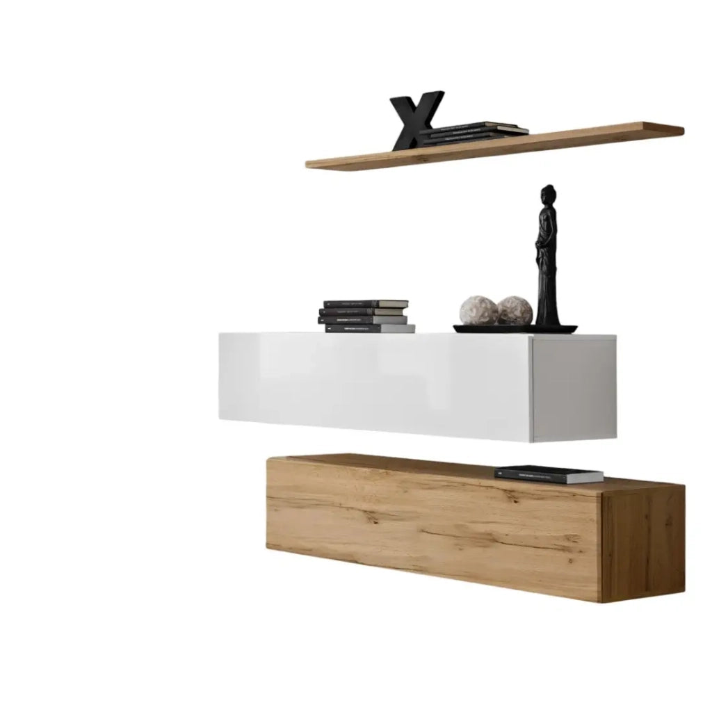 Set di mobili da salotto SWITCH SBII design, colore rovere Wotan e bianco lucido.
