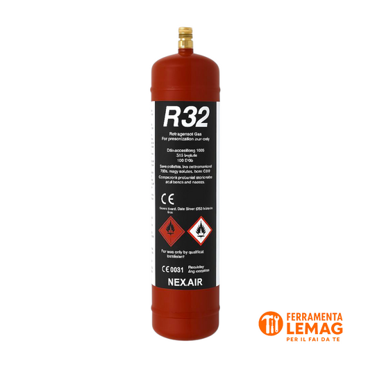 Ricarica gas R32 per condizionatori, valvola 1/2" ACME SX, approvazione T-PED