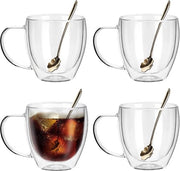 Set di 6 tazze a doppia parete in vetro trasparente per caffè e cappuccino, con cucchiai, capacità 250ml