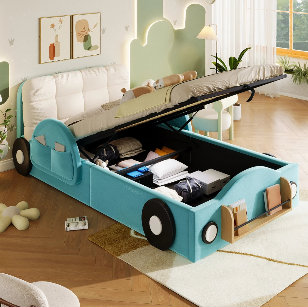 Letto imbottito 90x200 cm con contenitore idraulico; tasche laterali e cuscino grande in flanella blu