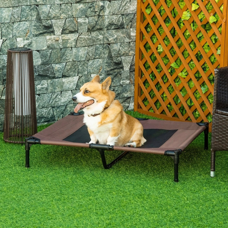 Letto rialzato per cani con rete traspirante e struttura in metallo, facile da pulire, marrone 92 × 76 × 18 cm