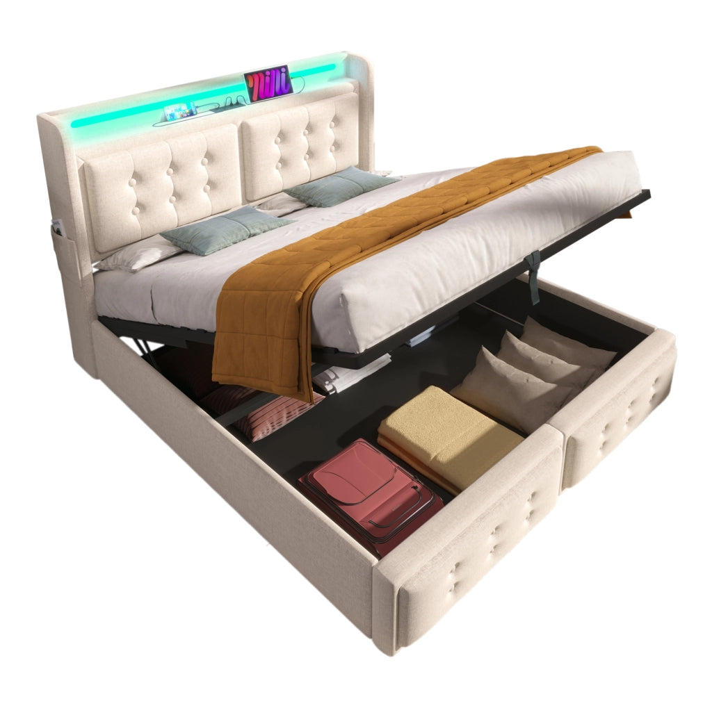 Letto imbottito 160 x 200 cm beige con LED, ricarica integrata e materasso