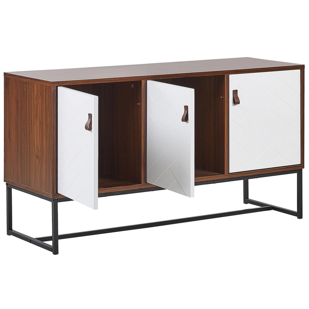 Credenza in Legno Scuro con Gambe in Metallo Bianco Mobiletto Rettangolare Mobile TV 3 Scomparti Ante 62 x 112 cm Mobili Soggiorno