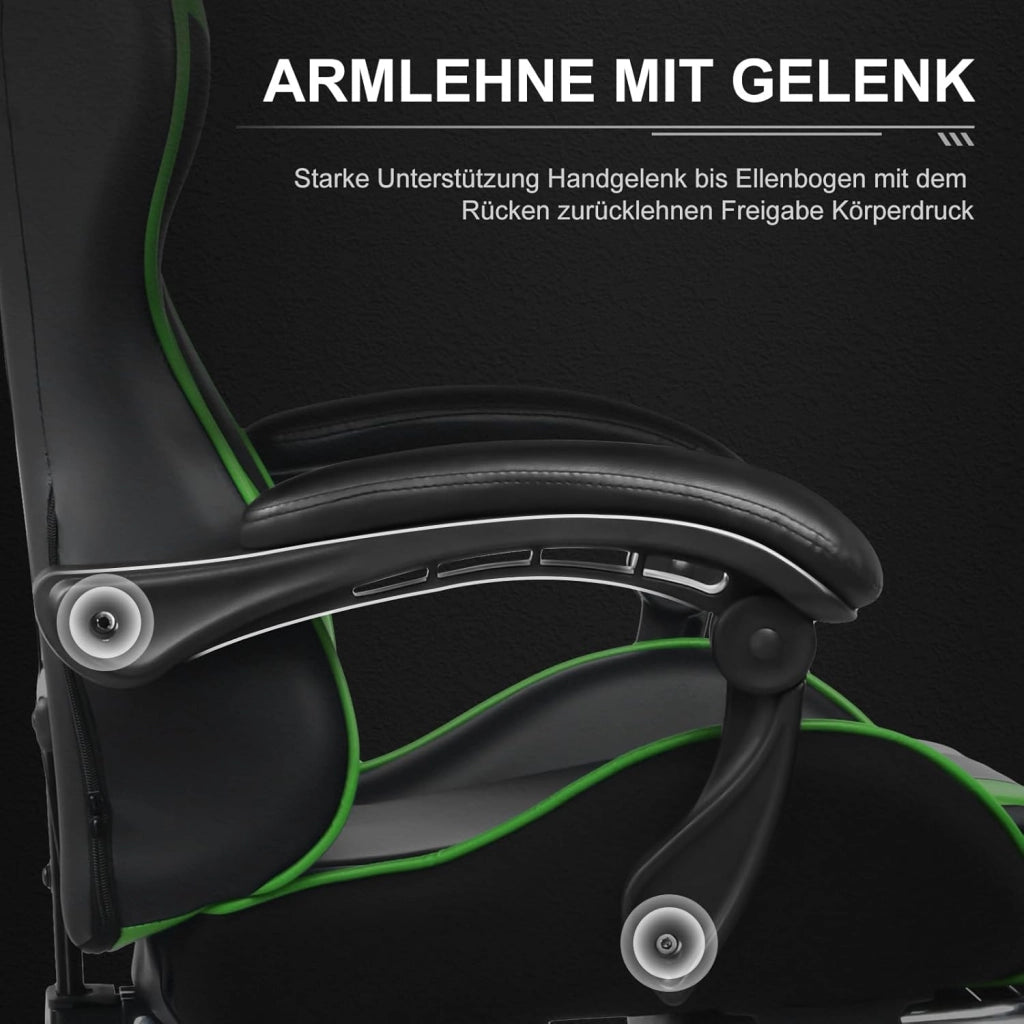 Sedia da ufficio, da gaming, da gaming, ergonomica, con poggiapiedi, poggiatesta, cuscino lombare, imbottito, sedia girevole verde