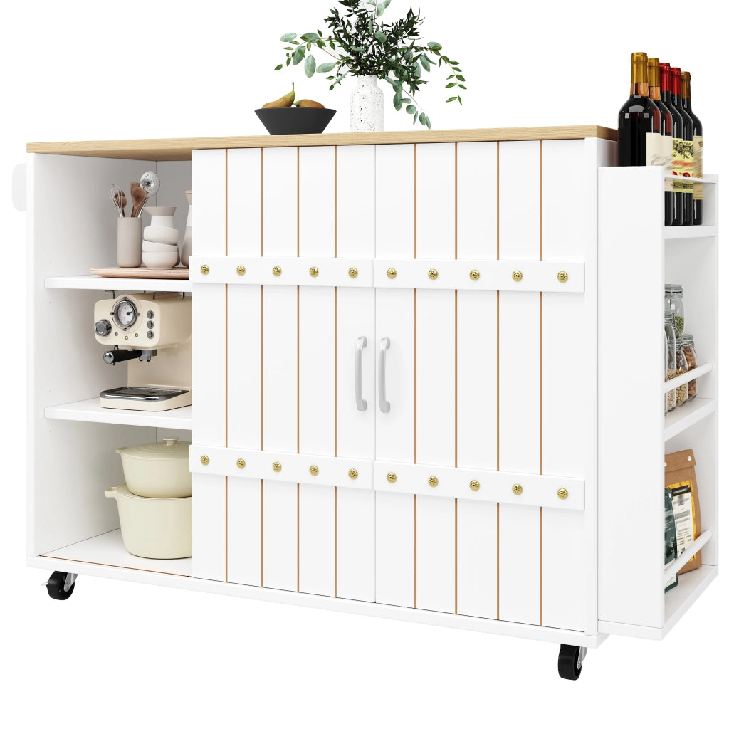 Isola cucina con piano ribaltabile, carrello cucina bianco con ante scorrevoli, cassetti e ruote